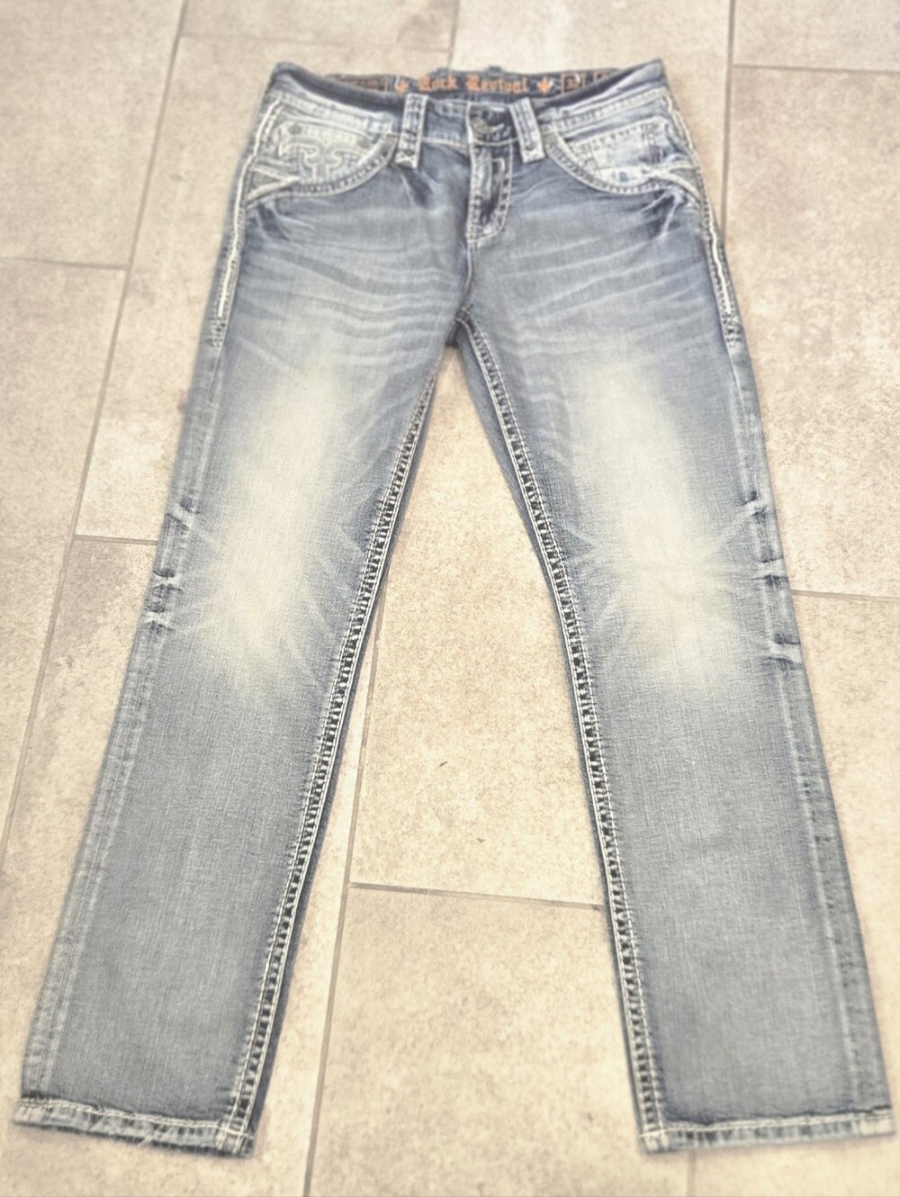 Rock Revival Daniel Straight Jeans Mens 32x30 Light Wash Thick Stitch